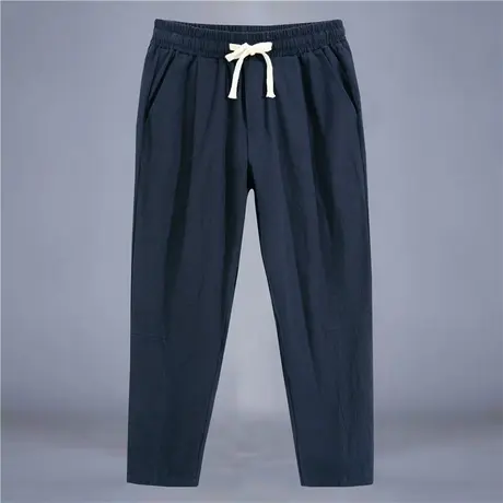 潮牌亚麻休闲裤男士夏季宽松透气棉麻直筒时尚薄款纯色束脚九分裤商品大图