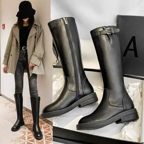 黑色骑士靴女2023春秋新款高筒马靴小个子长筒不过膝靴子女马丁靴图片