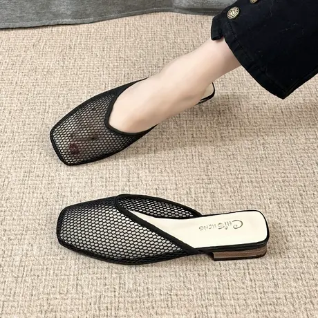 包头拖鞋女夏平底时尚外穿韩版简约防滑懒人凉拖镂空透气网纱女鞋商品大图