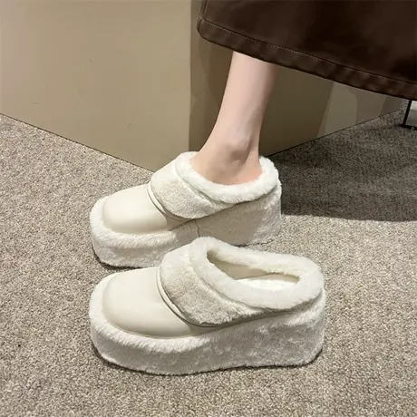 包头半拖女2023年初秋新款百搭坡跟高跟棉拖鞋松糕厚底毛毛拖鞋潮图片