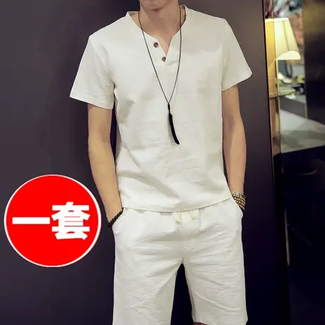 中国风t恤男男装男士短袖棉麻衣服夏季中袖亚麻衬衫套装夏装一套商品大图
