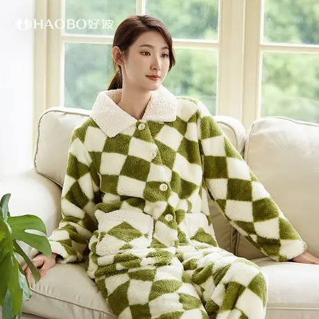 好波珊瑚绒睡袍秋冬季加厚甜美女士中长款睡衣家居服套装HJR23108图片