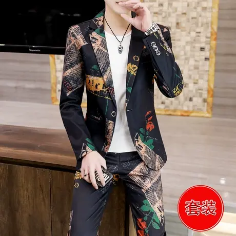 ins潮流花西服春季男士韩版帅气个性小西装发型师网红一套装衣服图片
