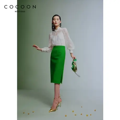 COCOON商场同款时尚上衣2023秋季新款女国风竹叶盘扣镂空外套商品大图