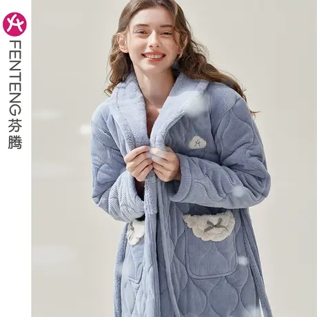 芬腾珊瑚绒睡袍女长款冬天加厚夹棉浴衣浴袍秋冬款大码保暖家居服商品大图