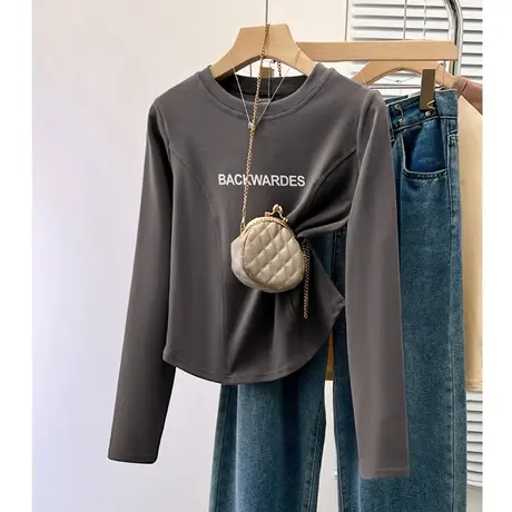 灰色不规则正肩长袖t恤女2024春季新款内搭修身薄款打底衫女上衣商品大图