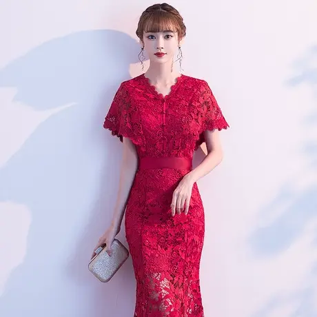 敬酒服2020新款新娘酒红色结婚订婚鱼尾回门晚礼服女平时可穿蕾丝图片