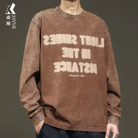 希越重磅洗褪长袖T恤男2024春秋新款宽松大码打底衫男士纯棉卫衣图片