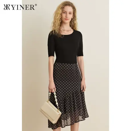 YINER音儿女装夏季圆领拼接荷叶边连衣裙图片