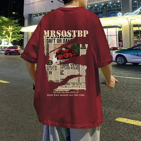 潮牌美式复古玫瑰花纯棉短袖t恤男女宽松街头vintage情侣夏季上衣商品大图