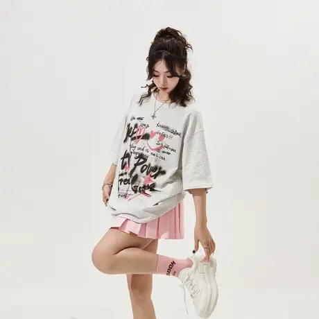 YEP街头涂鸦风印花短袖t恤女2024春夏新款复古潮牌情侣装宽松上衣商品大图