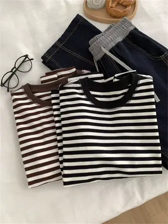 简约韩系条纹圆领长袖T恤女宽松休闲基础百搭早春新款棉质打底衫商品大图