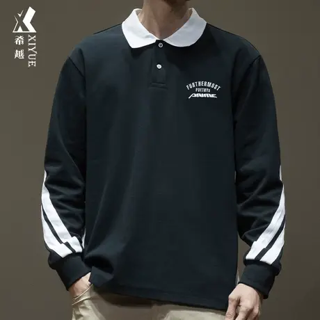希越美式撞色拼接POLO衫男2024春秋款宽松大码重磅刺绣男生打底衫商品大图