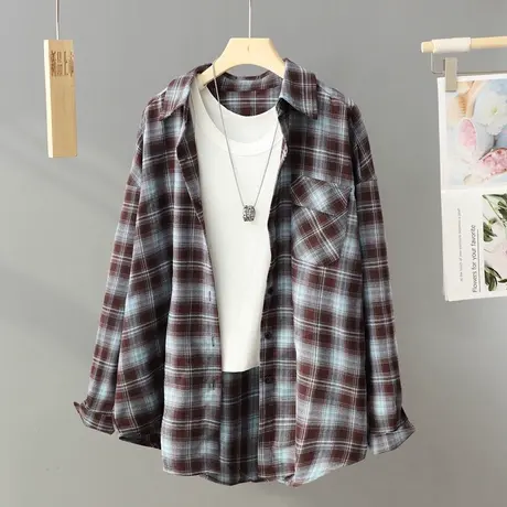 美式复古长袖格子衬衫外套女春秋设计感小众宽松别致绝美衬衣上衣商品大图