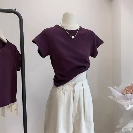 美式辣妹紫色小飞袖T恤女夏季设计感基础款短袖修身显瘦短款上衣商品大图