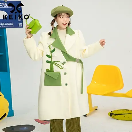 高级感独特针织花饰气质毛呢大衣女韩系温柔风显瘦中长款呢子外套商品大图