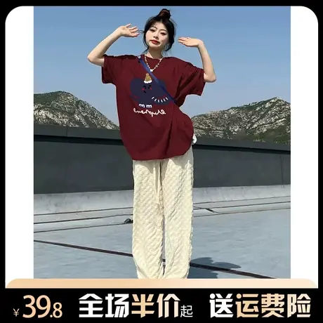 酒红色纯棉短袖t恤女2024新款早春美式高级感港味chic半袖上衣夏商品大图