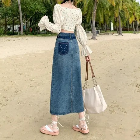 开叉牛仔半身裙女春夏季新款梨型身材高腰显瘦a字中长款包臀裙子图片