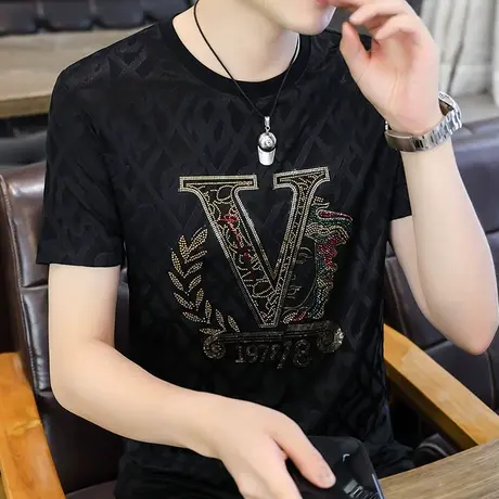欧洲夏季帅气薄款修身潮牌冰丝字母印花烫钻短袖男T恤修身体恤ins商品大图