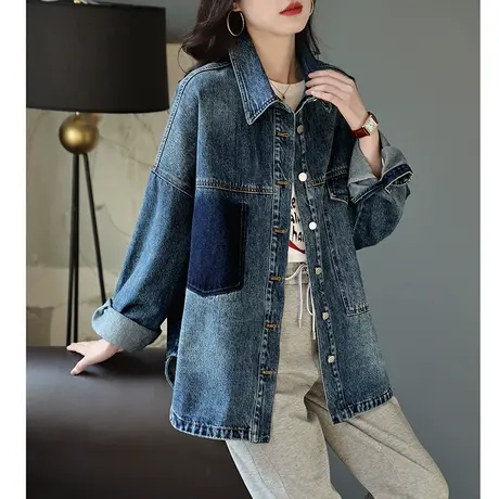 宝诗黎中长款宽松落肩棉质牛仔外套女2024新款韩版休闲百搭上衣潮商品大图
