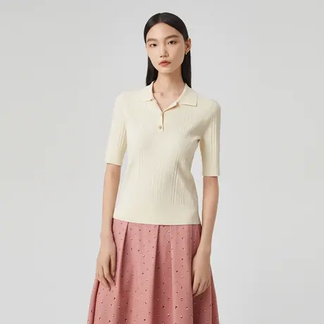 LANCY/朗姿春季新款针织polo领套头衫收腰显瘦短袖通勤T恤女图片