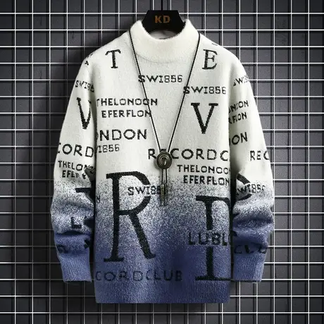 秋冬季半高领水貂绒毛衣男士宽松针织衫潮流加绒加厚线衣秋装上衣商品大图