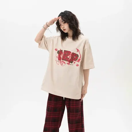 YEP复古字母印花短袖t恤女夏季2024年新款纯棉情侣装宽松潮牌上衣商品大图