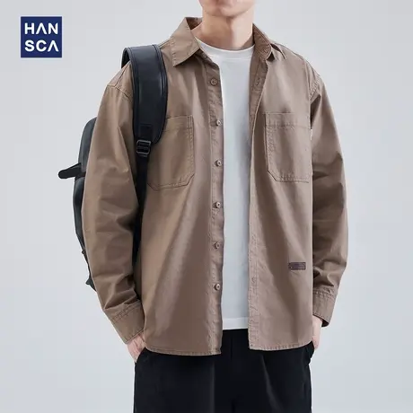 hansca纯棉长袖衬衫男美式复古春季新款潮牌休闲大码工装衬衣外套商品大图