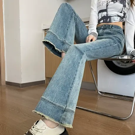 复古毛边高腰微喇牛仔裤女2024春秋季新款宽松显瘦直筒阔腿喇叭裤商品大图