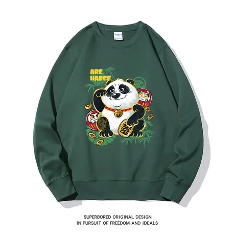 趣味卡通熊猫印花圆领卫衣男女秋冬款2023新款宽松情侣装套头上衣图片