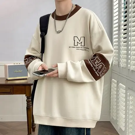 字母印花卫衣男春秋季圆领长袖t恤男休闲外套青少年撞色拼接体恤T商品大图