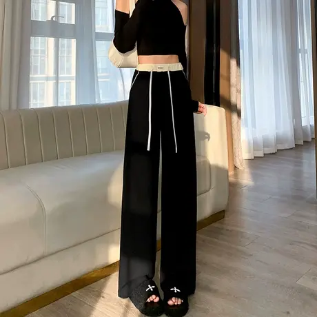 黑色休闲裤女春秋2024新款高腰显瘦抽绳直筒百搭宽松垂感阔腿裤子图片