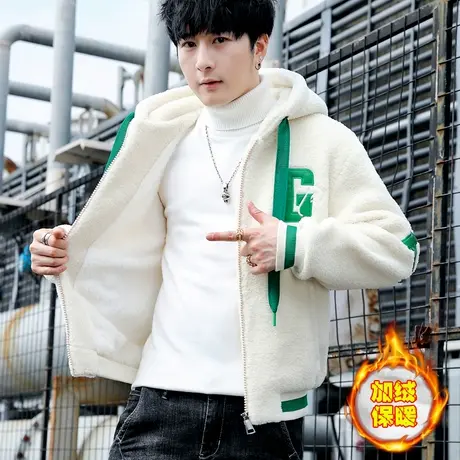 连帽羊羔绒保暖外套男冬季情侣款颗粒绒棉服潮牌加绒加厚棉袄棉服商品大图