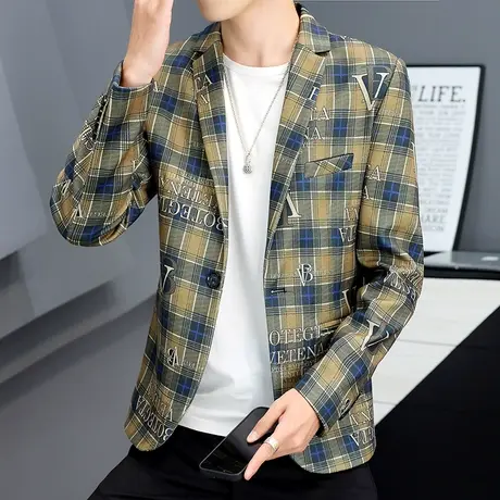 西装男士时尚休闲外套春秋季轻奢高端男装潮牌痞帅撞色格子小西服商品大图