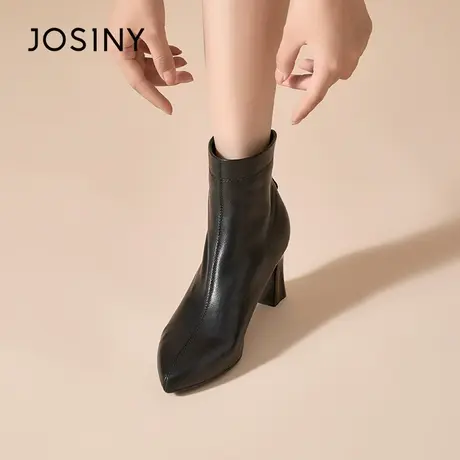 卓诗尼短筒欧美风时装靴女2023年冬季新款粗跟后拉链弹力气质短靴商品大图
