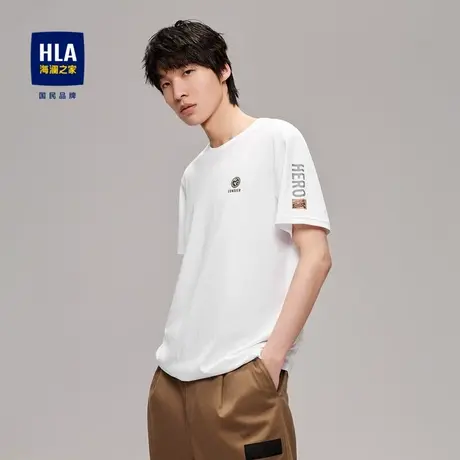 HLA/海澜之家白色短袖T恤夏新圆领含新疆棉胸前印花图案短T男图片