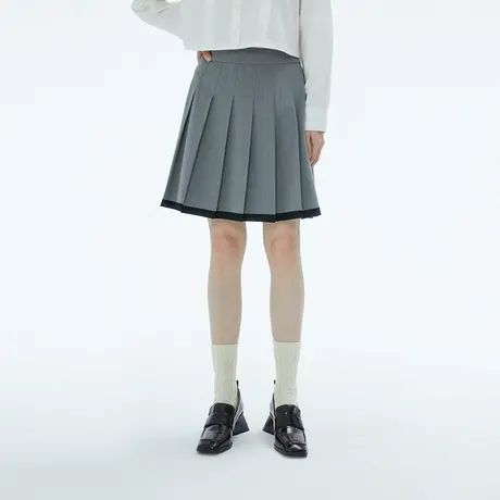 omont蛋挞家灰色高腰半身裙女2023新款小个子显瘦a字裙百褶裙短裙图片