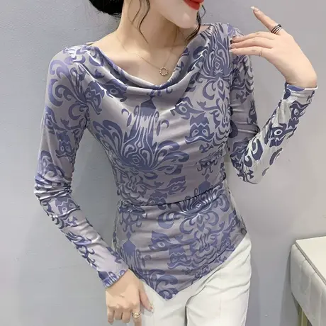 欧货不规则下摆T恤女长袖时尚别致一字肩上衣网纱显瘦打底衫秋季商品大图