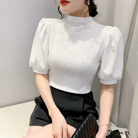 时尚五分袖T恤女2023夏天新款洋气烫钻泡泡袖上衣纯色百搭小衫ins商品大图