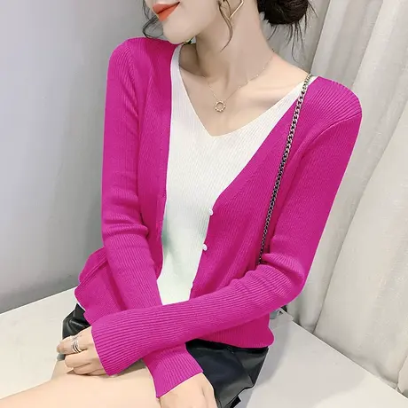 时尚针织开衫女设计感拼接假两件上衣修身百搭打底毛衣女长袖秋冬图片