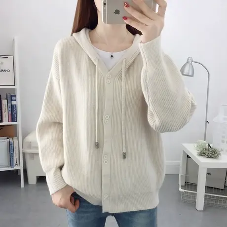 连帽针织衫女2023年早春新款软糯短款针织开衫套头毛衣纯色卫衣女图片