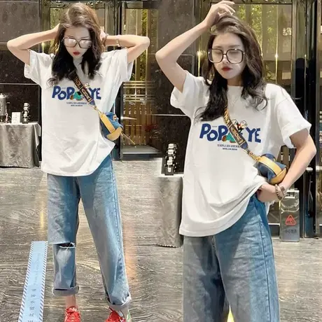 杏色纯棉短袖t恤女2023夏季新款中长款宽松上衣半袖大码打底衫潮商品大图