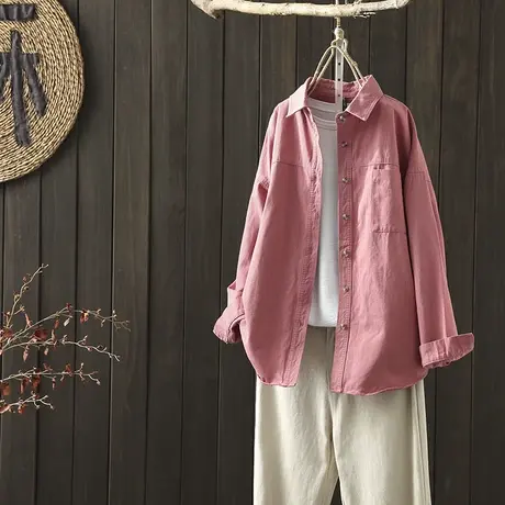 枫谜2020年秋装新款文艺简约全棉长袖衬衫女韩版宽松百搭衬衣外套图片