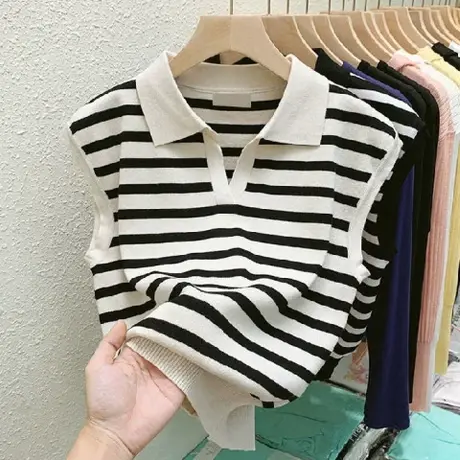 polo领条纹吊带背心女宽松百搭无袖t恤早秋新款外穿针织马甲上衣图片