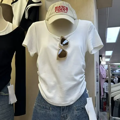 春夏新款韩版宽松韩国东大门方领两侧褶皱纯色简约百搭短袖T恤女商品大图