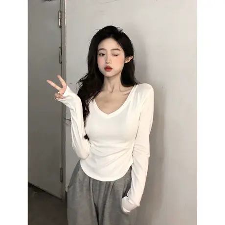 纯色简约V领长袖T恤女秋季修身百搭纯棉打底小衫韩版性感紧身上衣图片