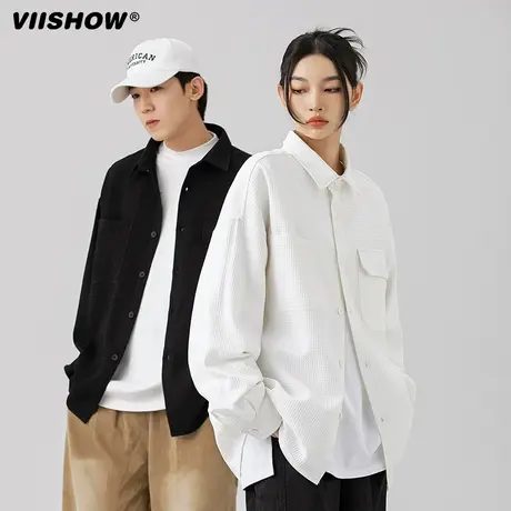 VIISHOW国潮纯色宽松华夫格工装衬衫男春季潮牌复古休闲衬衣外套商品大图