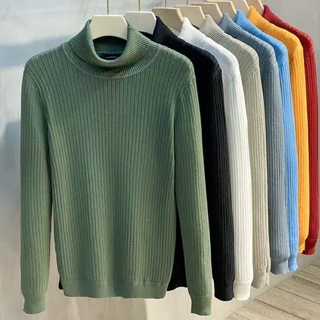 条纹质感男士高领针织衫新款加绒加厚毛衣韩版打底衫保暖内搭线衣商品大图