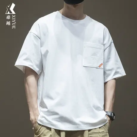 希越日系简约带口袋半袖体恤男全棉夏季男生短袖T恤男士大码男装商品大图