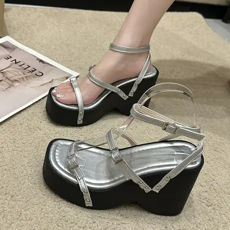 松糕厚底鞋女不累脚坡跟凉鞋2023年新款夏季铆钉设计感露趾罗马鞋图片